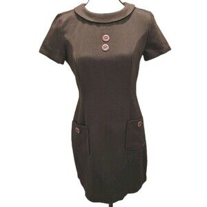 90s Vintage Wrapper Dress Womens 3/4 Brown Short Sleeve Peter Pan Collar Pockets